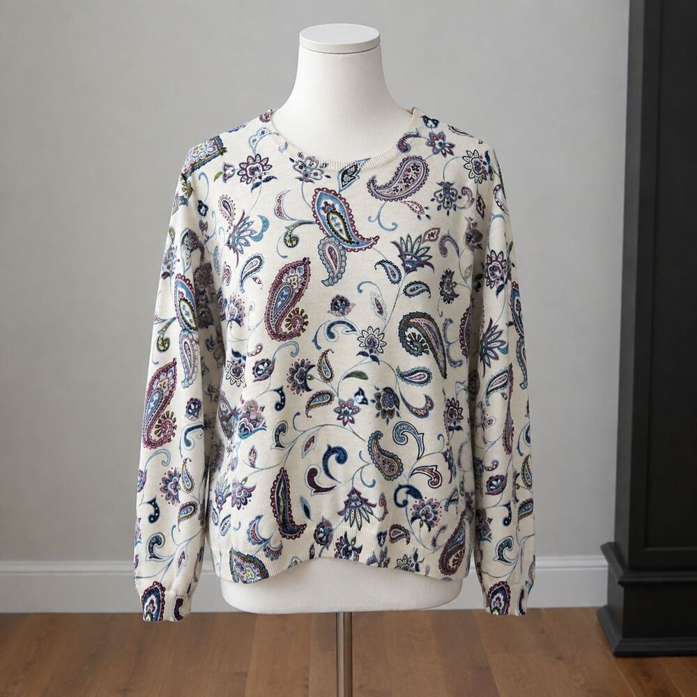 Alfred Dunner Paisley Knit Top Womens L Long Sleeve Boho Appliques Floral Crew